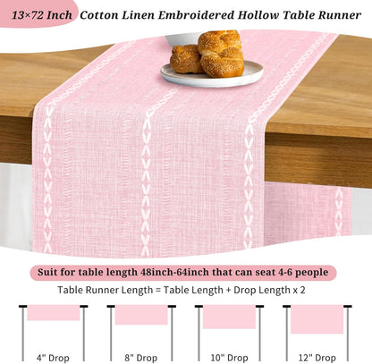 Cotton Linen Table Runner,Pink Boho Rustic Farmhouse Embroidered Hollow 13x72 Inch Table Runners Kitchen Dining Dresser Scarf Table Decoratio for Living Room,Wedding,Party