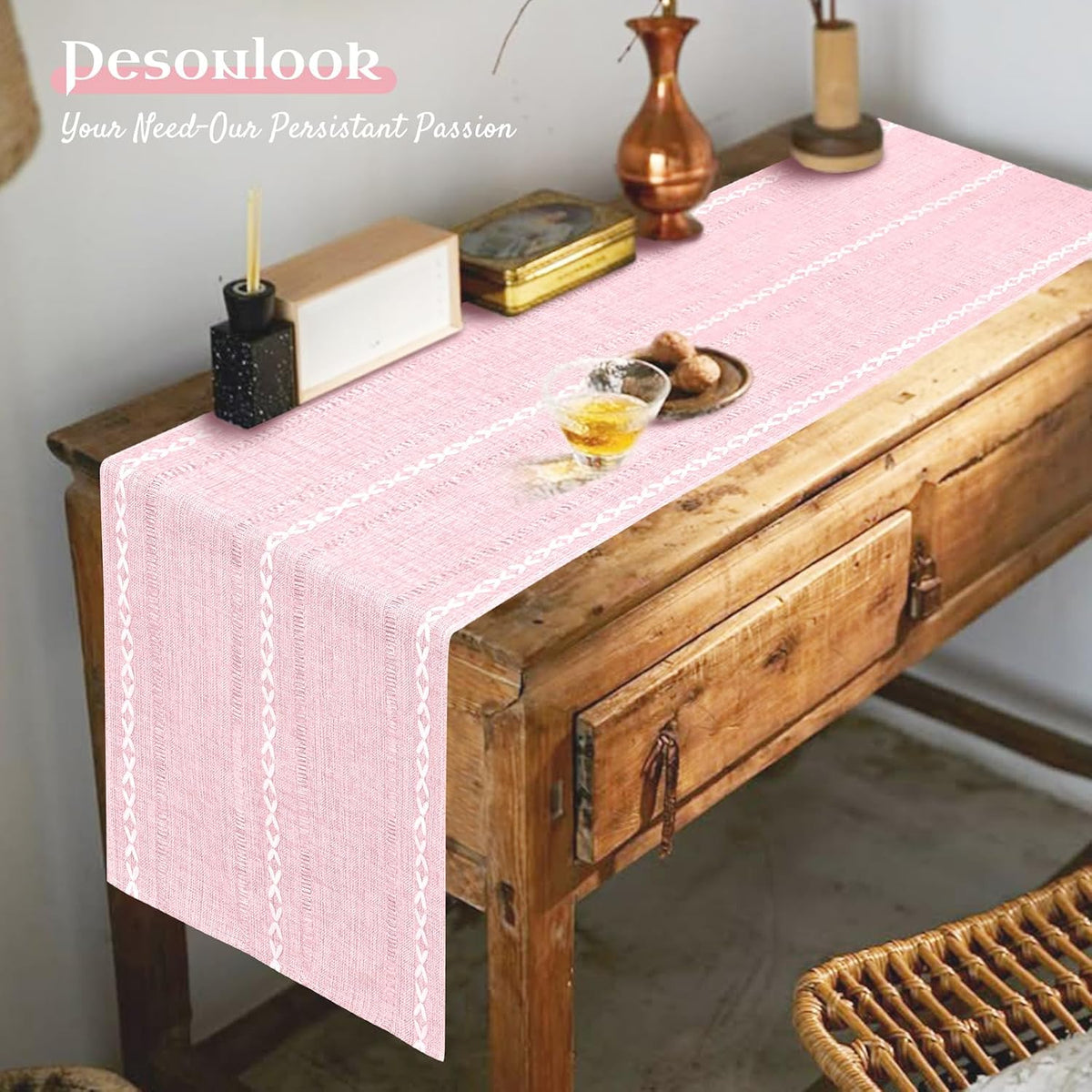 Cotton Linen Table Runner,Pink Boho Rustic Farmhouse Embroidered Hollow 13x72 Inch Table Runners Kitchen Dining Dresser Scarf Table Decoratio for Living Room,Wedding,Party