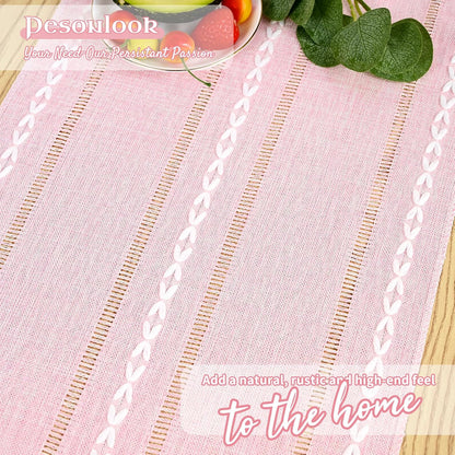 Cotton Linen Table Runner,Pink Boho Rustic Farmhouse Embroidered Hollow 13x72 Inch Table Runners Kitchen Dining Dresser Scarf Table Decoratio for Living Room,Wedding,Party