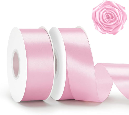 Pink Satin Ribbon - 1-1/2 Inch x 2 Rolls Baby Pink Ribbon for Gift Wrapping Roses Making 100 Yards Pastel Ribbons for Crafts Bouquets Wedding Baby Shower Birthday Mother's Day Decor