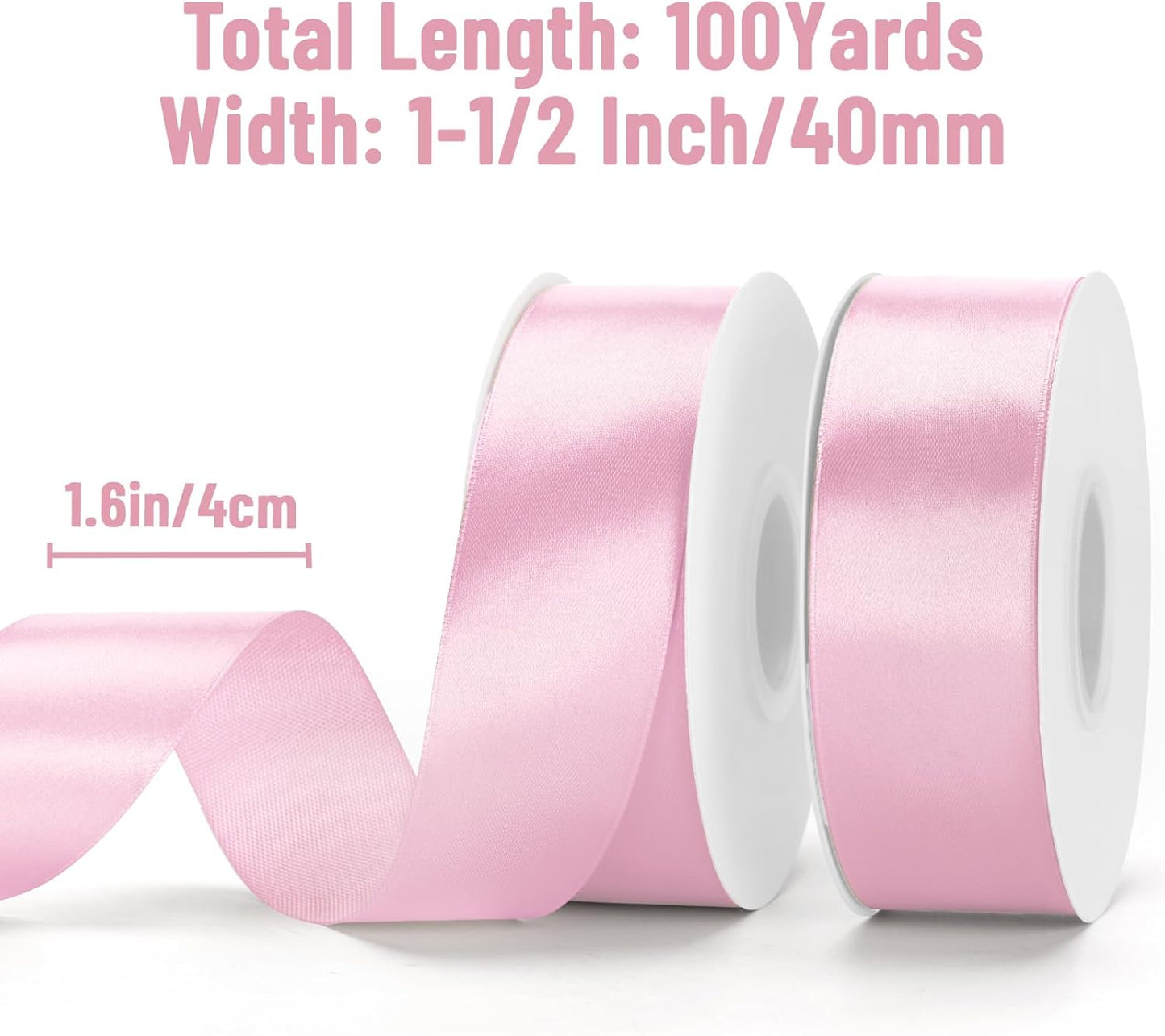 Pink Satin Ribbon - 1-1/2 Inch x 2 Rolls Baby Pink Ribbon for Gift Wrapping Roses Making 100 Yards Pastel Ribbons for Crafts Bouquets Wedding Baby Shower Birthday Mother's Day Decor