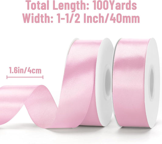 Pink Satin Ribbon - 1-1/2 Inch x 2 Rolls Baby Pink Ribbon for Gift Wrapping Roses Making 100 Yards Pastel Ribbons for Crafts Bouquets Wedding Baby Shower Birthday Mother's Day Decor