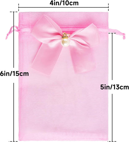 4x6 In Organza Bags with Bow, 30Pcs Pink Mesh Drawstring Gift Bag, Organza Party Favor Pouches for Christmas, Valentine's Day, Wedding, Birthday, Baby Shower