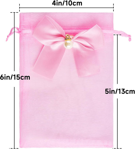 4x6 In Organza Bags with Bow, 30Pcs Pink Mesh Drawstring Gift Bag, Organza Party Favor Pouches for Christmas, Valentine's Day, Wedding, Birthday, Baby Shower