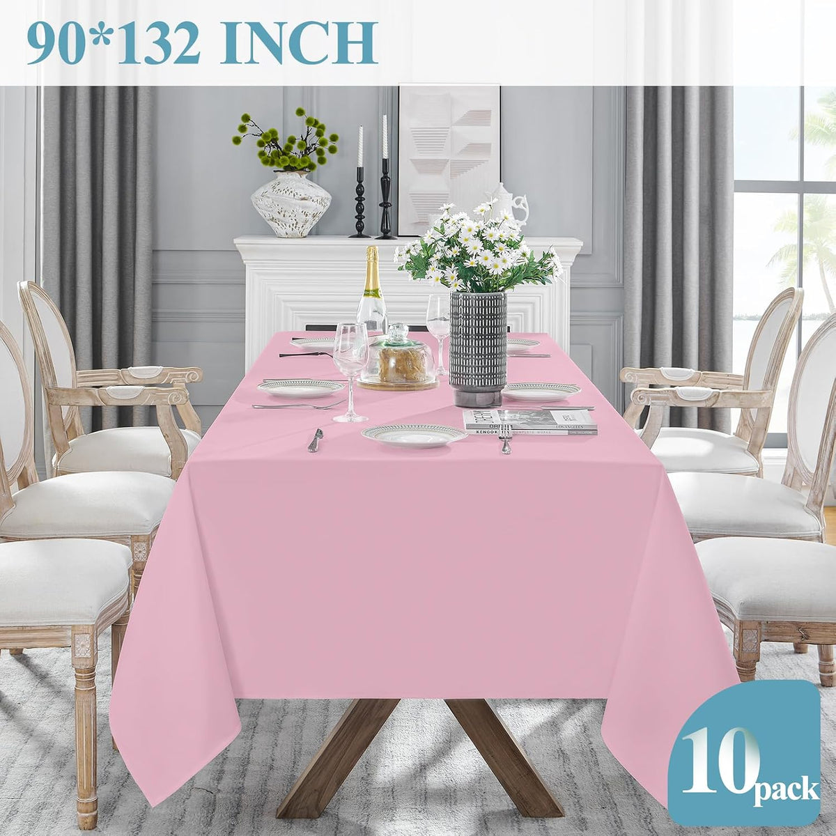 10 Pack 90 * 132inch Pink Rectangle Tablecloth for 6ft Tables