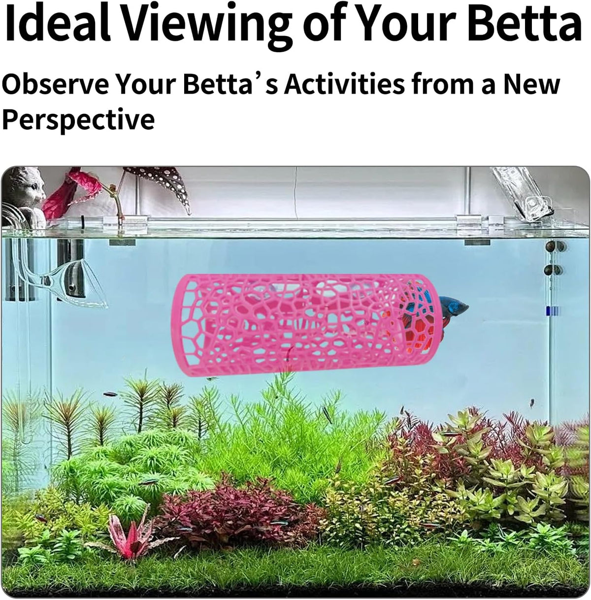 Betta Tunnel Hideout Pink Floating Fish Cave with Suction Cups Betta House for Play Rest and Breeding Aquarium Decor Small Fish Tank Safe Resin Betta Toys and Hide Shelter