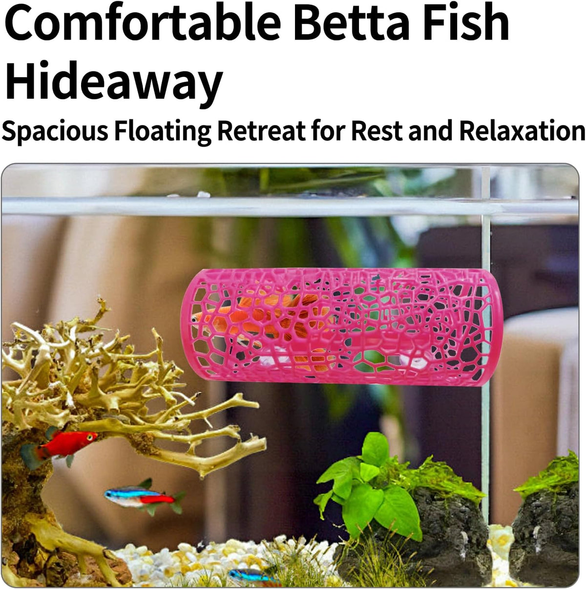 Betta Tunnel Hideout Pink Floating Fish Cave with Suction Cups Betta House for Play Rest and Breeding Aquarium Decor Small Fish Tank Safe Resin Betta Toys and Hide Shelter
