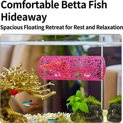 Betta Tunnel Hideout Pink Floating Fish Cave with Suction Cups Betta House for Play Rest and Breeding Aquarium Decor Small Fish Tank Safe Resin Betta Toys and Hide Shelter