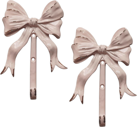 Pink Bow Metal Wall Hooks, Pack of 2 Decorative Wall Hanging Hooks