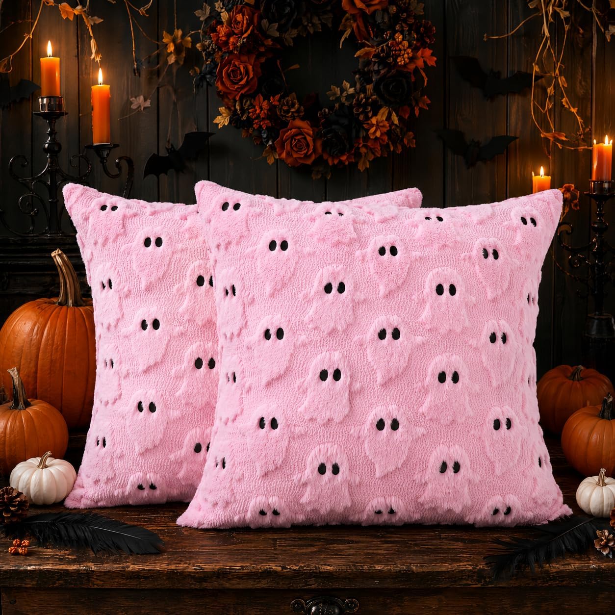 Halloween Pillow Covers 18x18 In Set of 2 Pink 3D Ghost Throw Pillow Covers