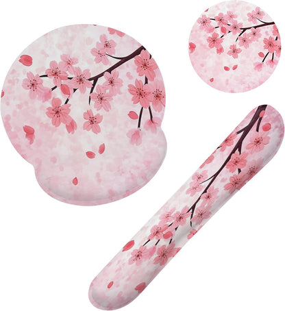 Cherry Blossom Pink Flower Mouse Pad with Wrist Rest Set, 3-in-1 Wrist Support Mousepad Set, Gaming Mat Pad with Anti-Skid Base,Ergonomic Memory Foam Mouse Pad Set for Women, Office, Typing, Gaming
