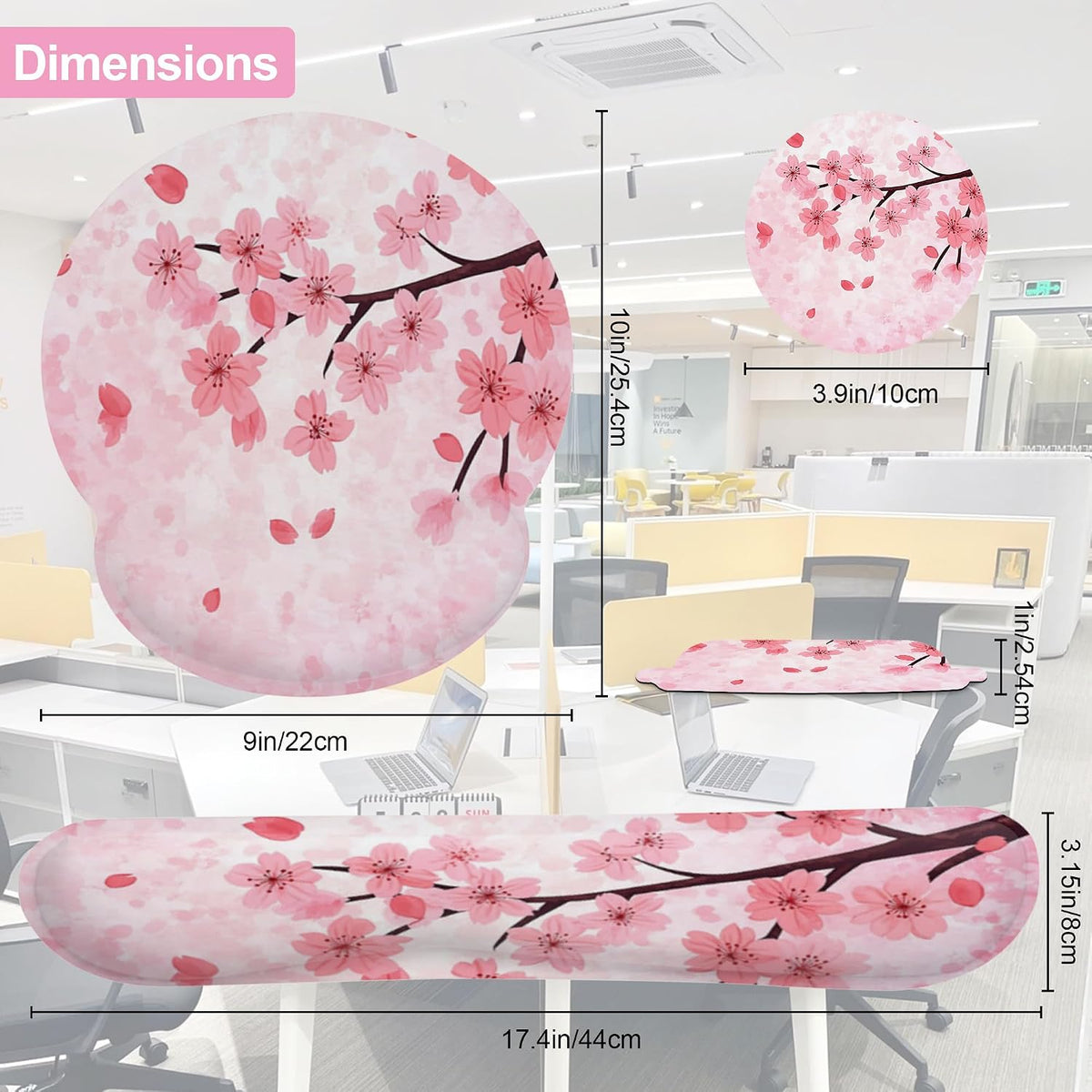 Cherry Blossom Pink Flower Mouse Pad with Wrist Rest Set, 3-in-1 Wrist Support Mousepad Set, Gaming Mat Pad with Anti-Skid Base,Ergonomic Memory Foam Mouse Pad Set for Women, Office, Typing, Gaming