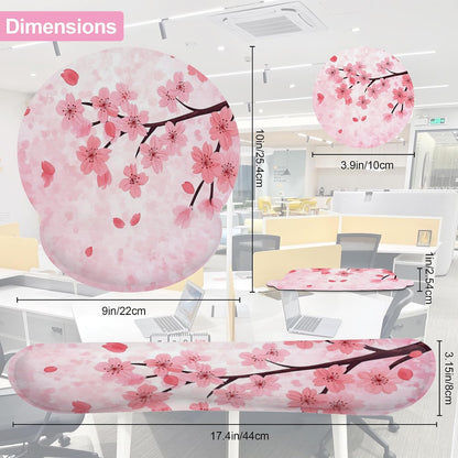 Cherry Blossom Pink Flower Mouse Pad with Wrist Rest Set, 3-in-1 Wrist Support Mousepad Set, Gaming Mat Pad with Anti-Skid Base,Ergonomic Memory Foam Mouse Pad Set for Women, Office, Typing, Gaming