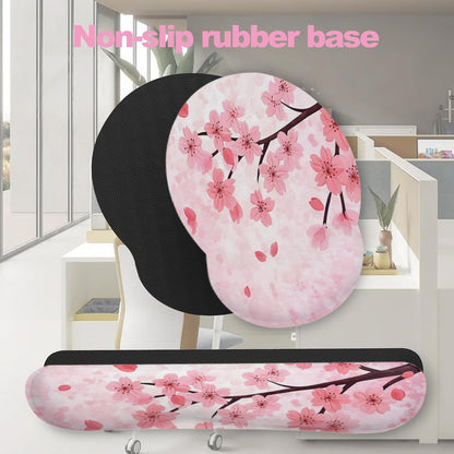 Cherry Blossom Pink Flower Mouse Pad with Wrist Rest Set, 3-in-1 Wrist Support Mousepad Set, Gaming Mat Pad with Anti-Skid Base,Ergonomic Memory Foam Mouse Pad Set for Women, Office, Typing, Gaming