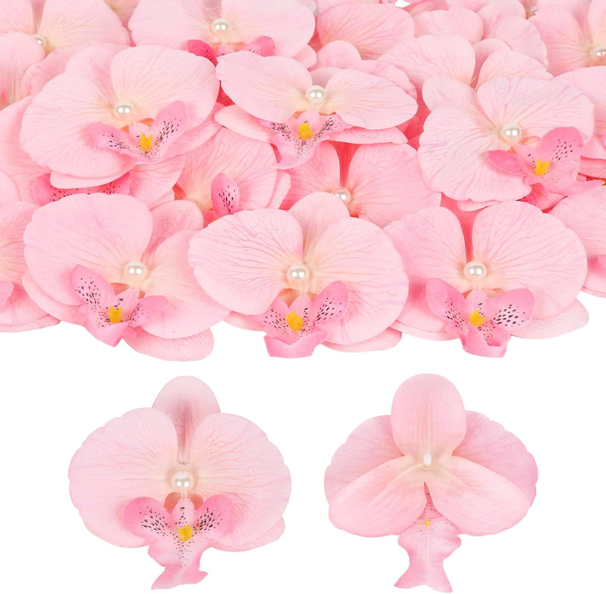 30PCS Light Pink Orchid Flower Heads Bulk 3.9'' Artificial Silk Fake Butterfly Orchid Heads with Pearl for Baby Shower Birthday Party Wedding Cake Decoration (Light Pink)