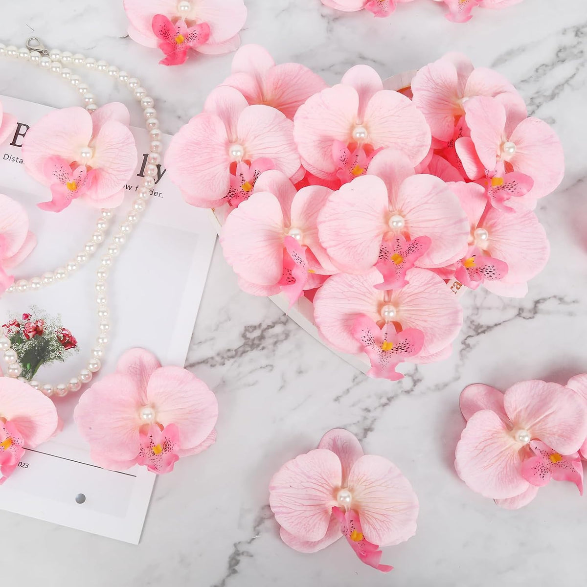 30PCS Light Pink Orchid Flower Heads Bulk 3.9'' Artificial Silk Fake Butterfly Orchid Heads with Pearl for Baby Shower Birthday Party Wedding Cake Decoration (Light Pink)