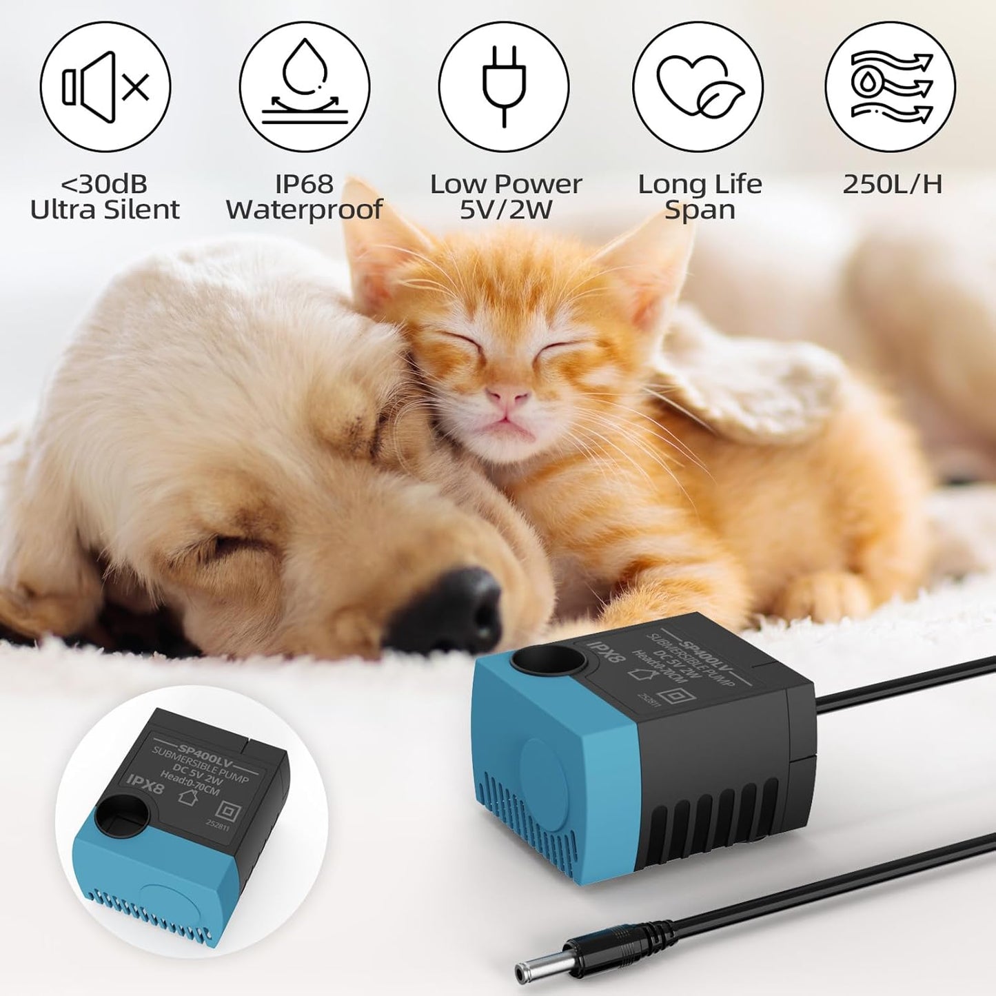 SP-400LV Submersible Pump, USB Replacement Pump for Pet Fountains, Quiet Low Voltage, Safe & Easy to Clean,Compatible with Ceramic, Butterfly,Stainless Steel and 360 Dog & Cat Water Dispensers