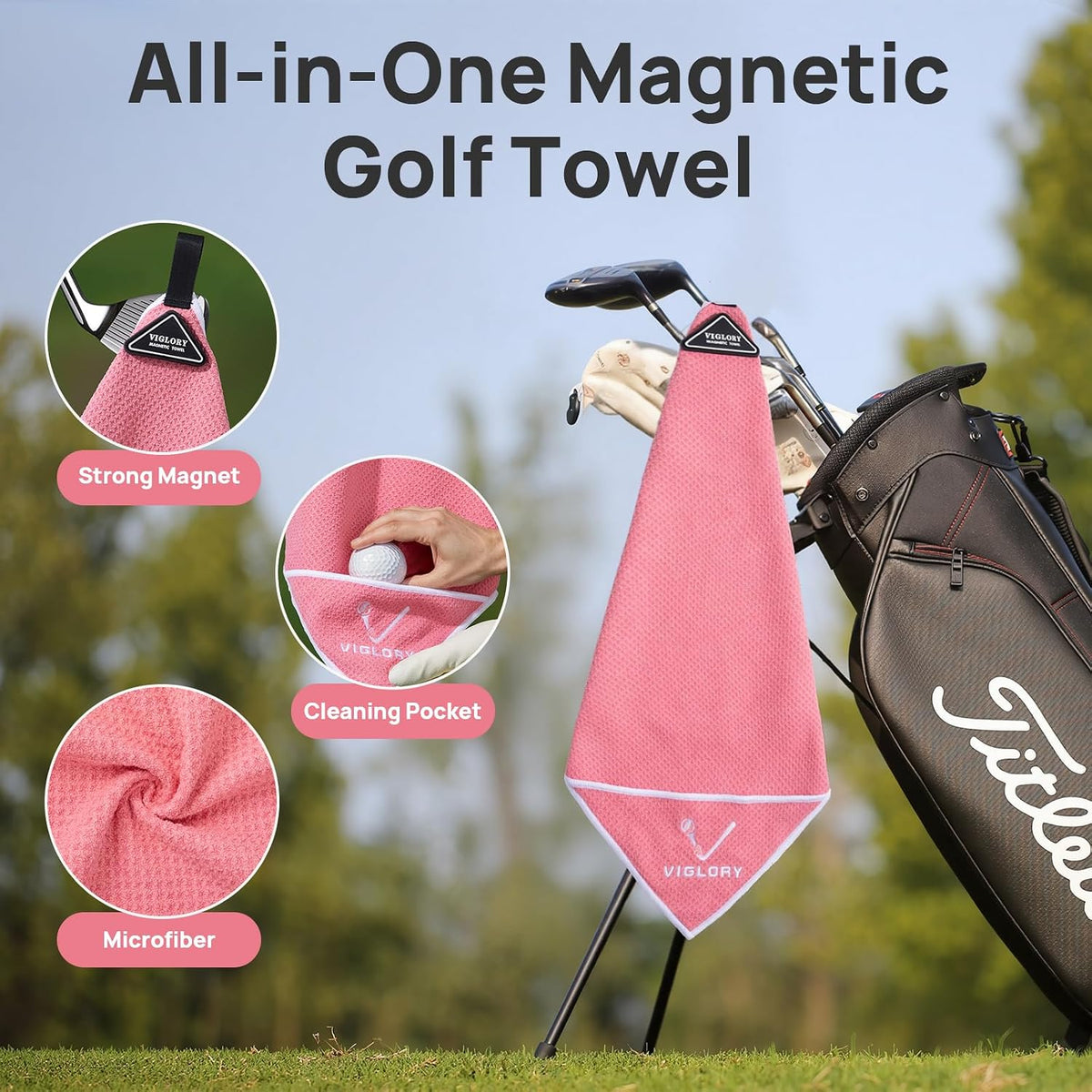 Magnetic Golf Towel 18"x18" with Cleaning Pocket, No-Bend Back Saver Design, Ultra Absorbent Waffle Microfiber Club Ball Cleaner, Golf Accessories and Gifts for Men Women (Pink)