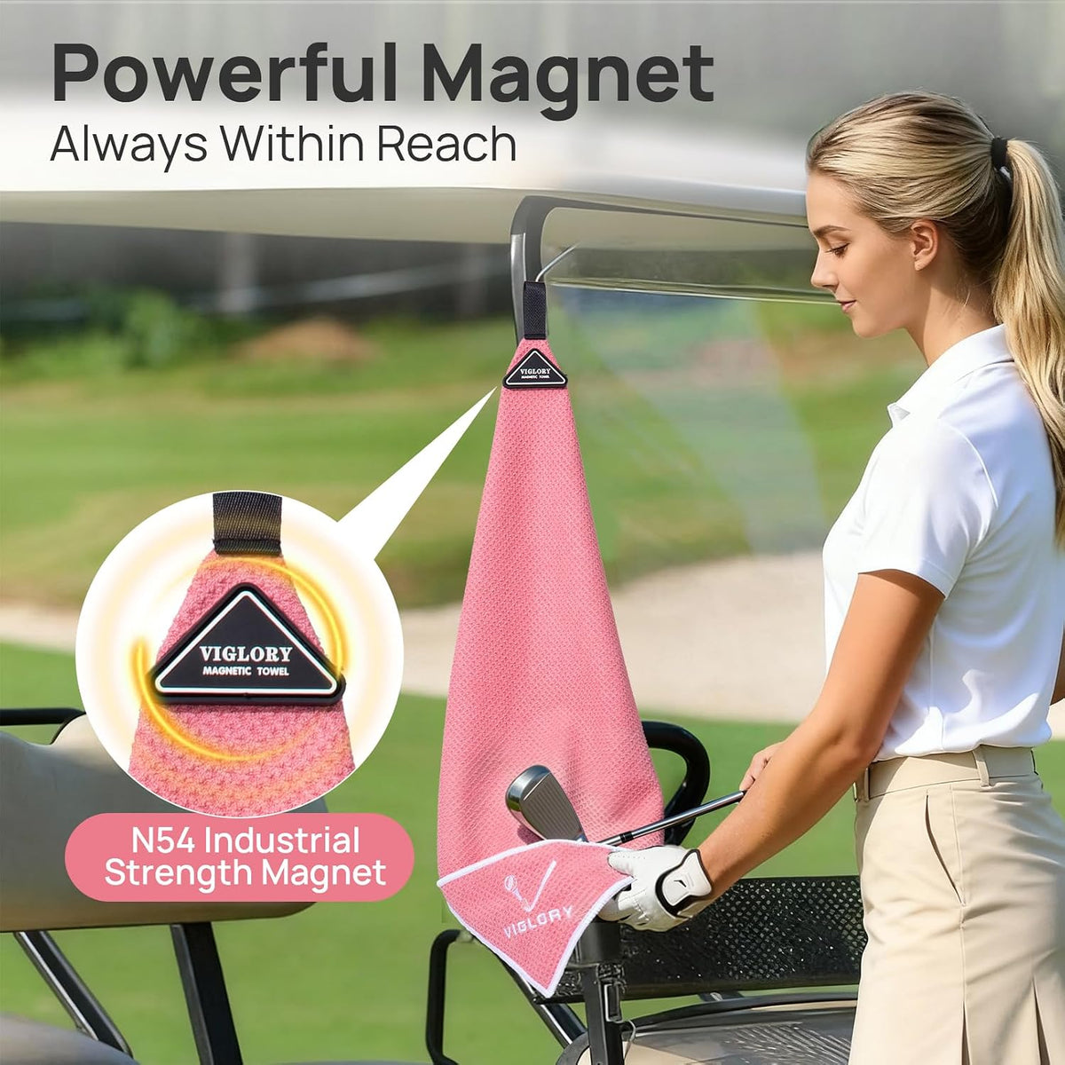 Magnetic Golf Towel 18"x18" with Cleaning Pocket, No-Bend Back Saver Design, Ultra Absorbent Waffle Microfiber Club Ball Cleaner, Golf Accessories and Gifts for Men Women (Pink)