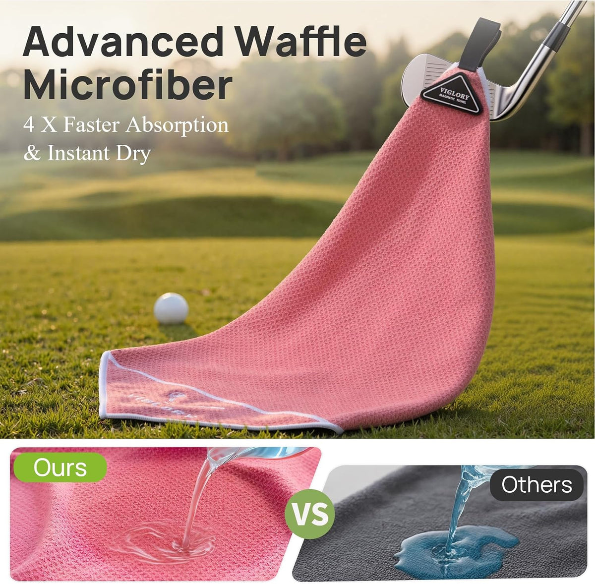 Magnetic Golf Towel 18"x18" with Cleaning Pocket, No-Bend Back Saver Design, Ultra Absorbent Waffle Microfiber Club Ball Cleaner, Golf Accessories and Gifts for Men Women (Pink)