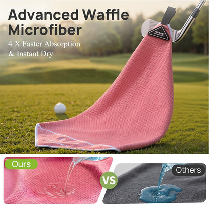 Magnetic Golf Towel 18"x18" with Cleaning Pocket, No-Bend Back Saver Design, Ultra Absorbent Waffle Microfiber Club Ball Cleaner, Golf Accessories and Gifts for Men Women (Pink)