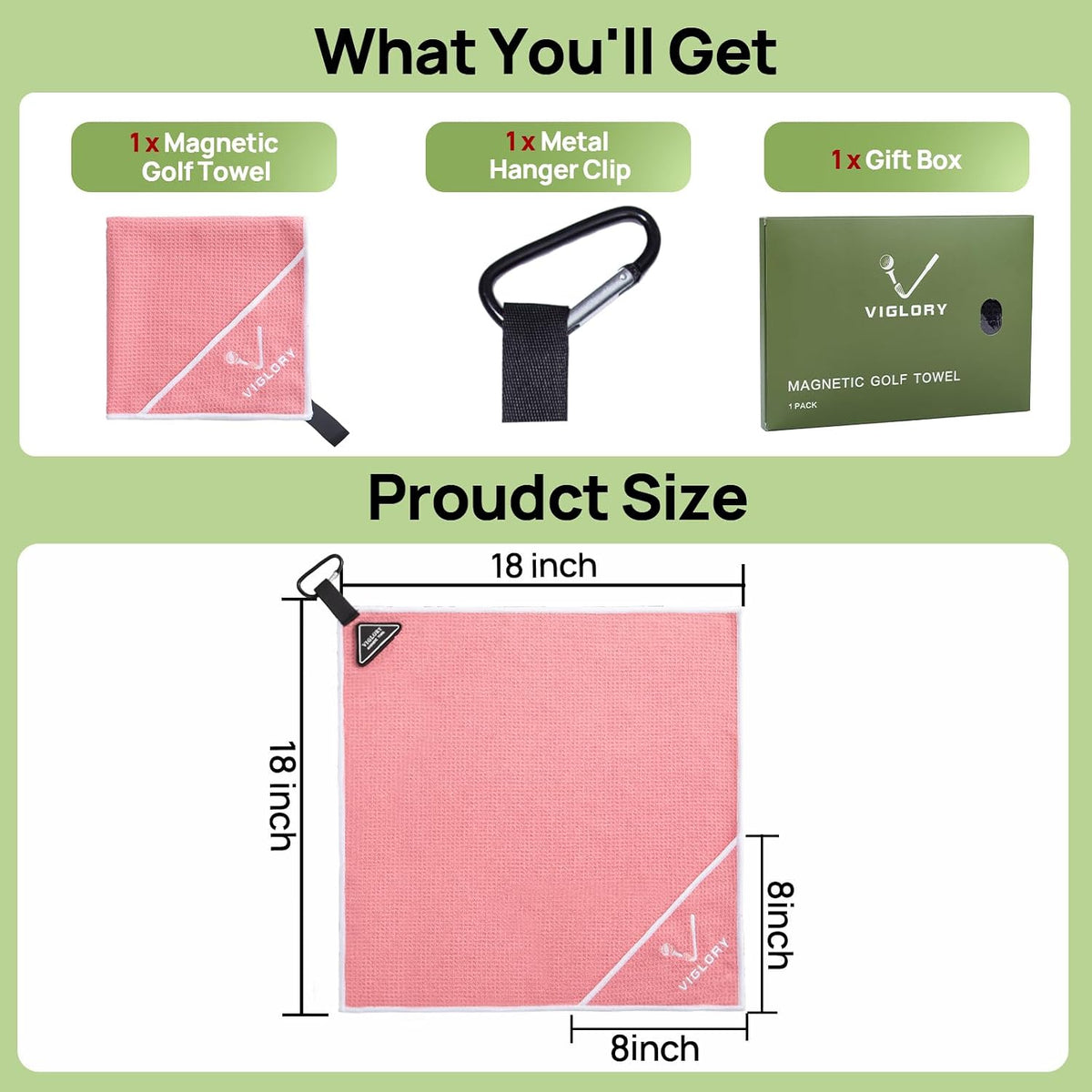 Magnetic Golf Towel 18"x18" with Cleaning Pocket, No-Bend Back Saver Design, Ultra Absorbent Waffle Microfiber Club Ball Cleaner, Golf Accessories and Gifts for Men Women (Pink)