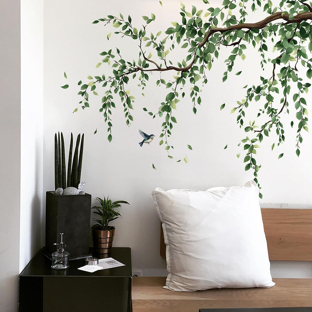 Peach Blossom Flower Wall Decals Pink Floral Bird Tree Branch Wall Sticker Creative Peel and Stick Removable Wall Art Decor for Living Room Bedroom Home Office (GreenBranch)