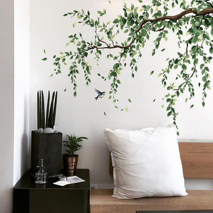 Peach Blossom Flower Wall Decals Pink Floral Bird Tree Branch Wall Sticker Creative Peel and Stick Removable Wall Art Decor for Living Room Bedroom Home Office (GreenBranch)