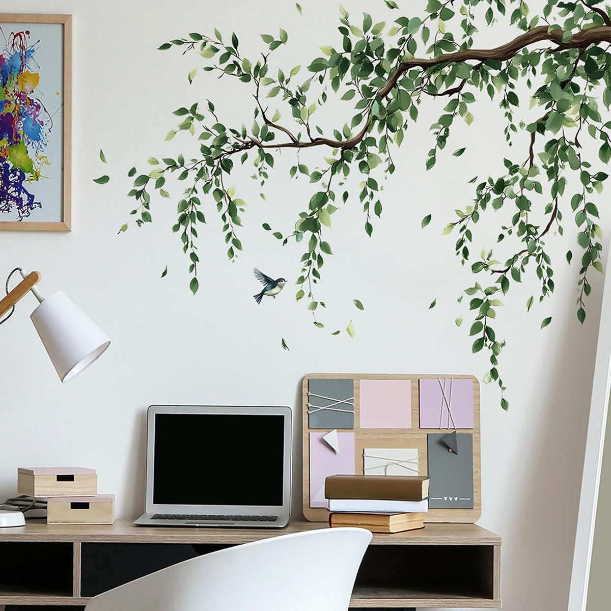 Peach Blossom Flower Wall Decals Pink Floral Bird Tree Branch Wall Sticker Creative Peel and Stick Removable Wall Art Decor for Living Room Bedroom Home Office (GreenBranch)