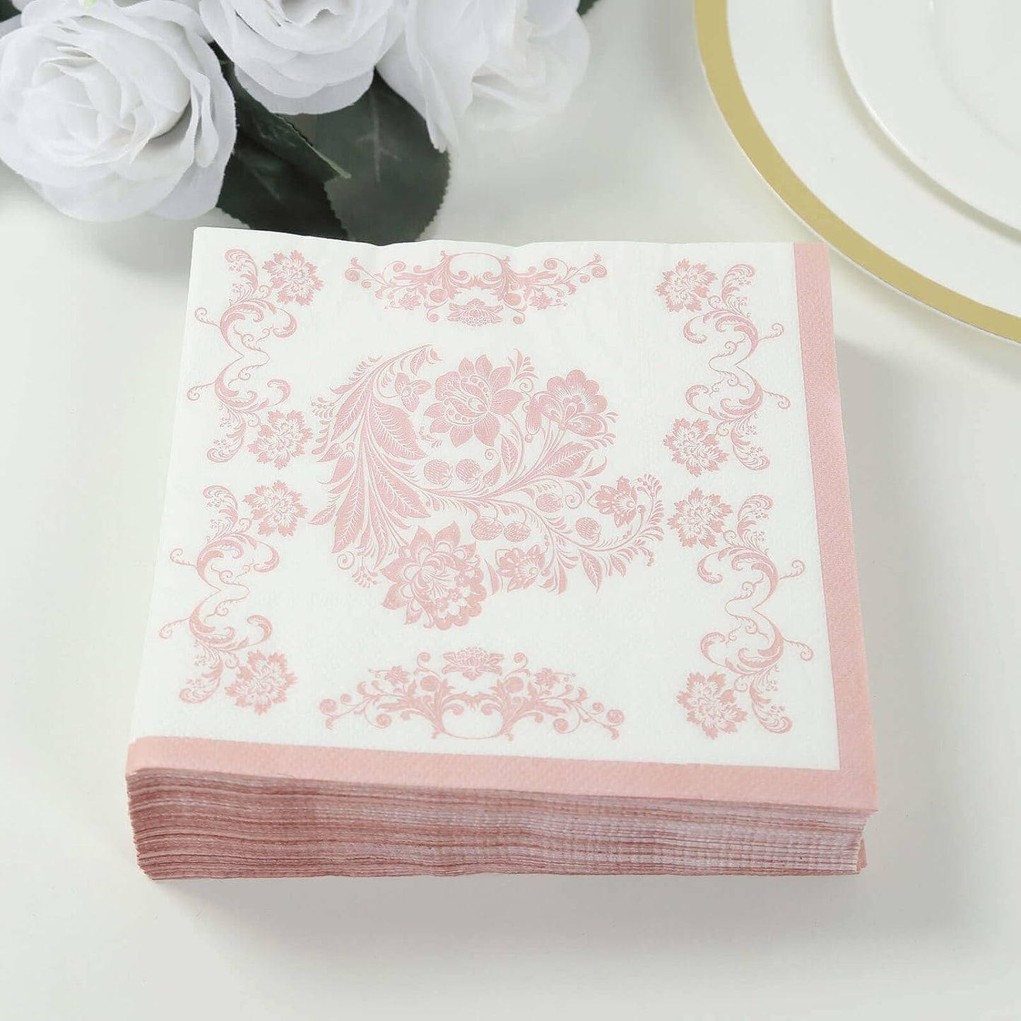 100 Count Beverage Napkins, 2-Ply Cocktail Napkins with Pink French Toile Floral Decorative for Wedding Party Restaurant, 18 GSM Soft Paper Disposable