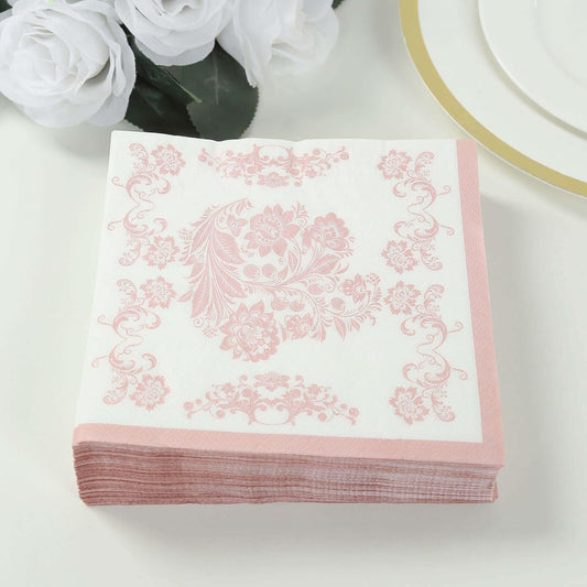 100 Count Beverage Napkins, 2-Ply Cocktail Napkins with Pink French Toile Floral Decorative for Wedding Party Restaurant, 18 GSM Soft Paper Disposable