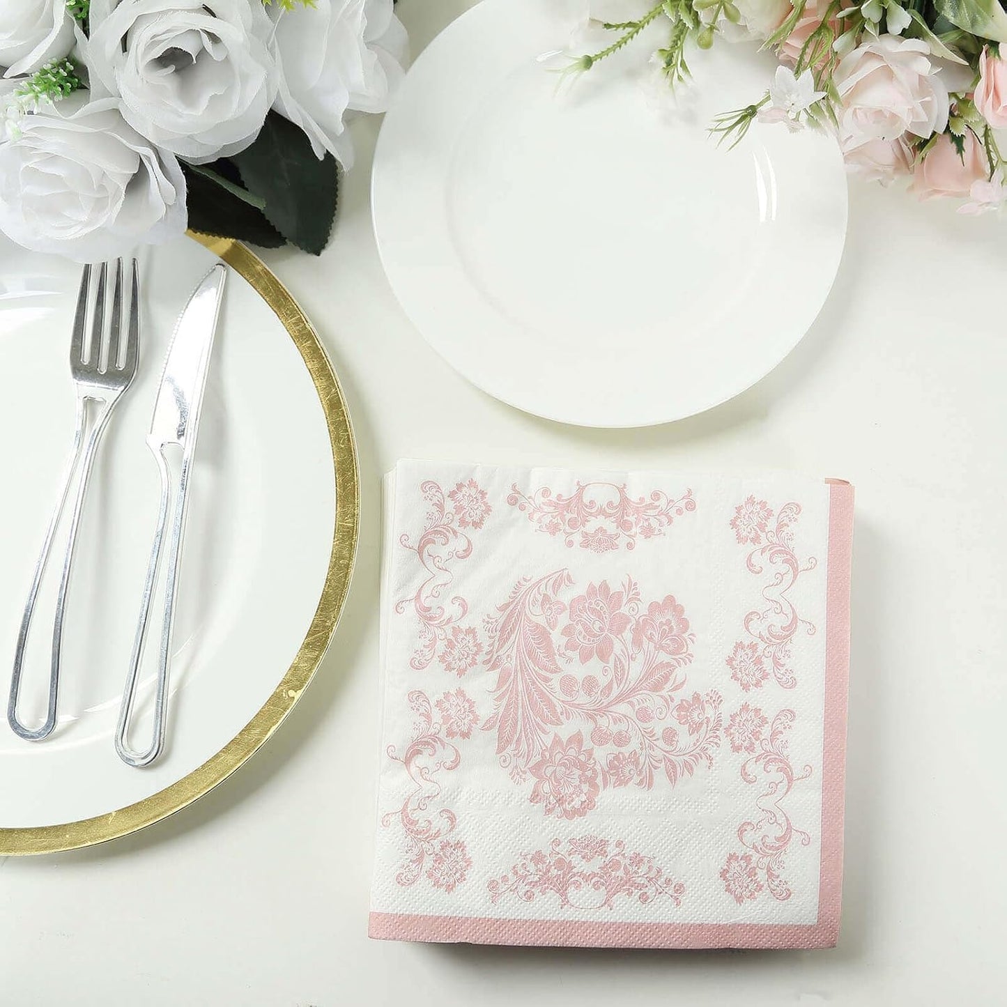 100 Count Beverage Napkins, 2-Ply Cocktail Napkins with Pink French Toile Floral Decorative for Wedding Party Restaurant, 18 GSM Soft Paper Disposable