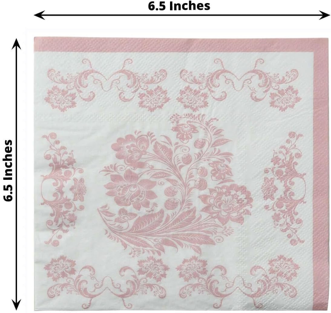 100 Count Beverage Napkins, 2-Ply Cocktail Napkins with Pink French Toile Floral Decorative for Wedding Party Restaurant, 18 GSM Soft Paper Disposable