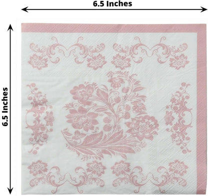 100 Count Beverage Napkins, 2-Ply Cocktail Napkins with Pink French Toile Floral Decorative for Wedding Party Restaurant, 18 GSM Soft Paper Disposable