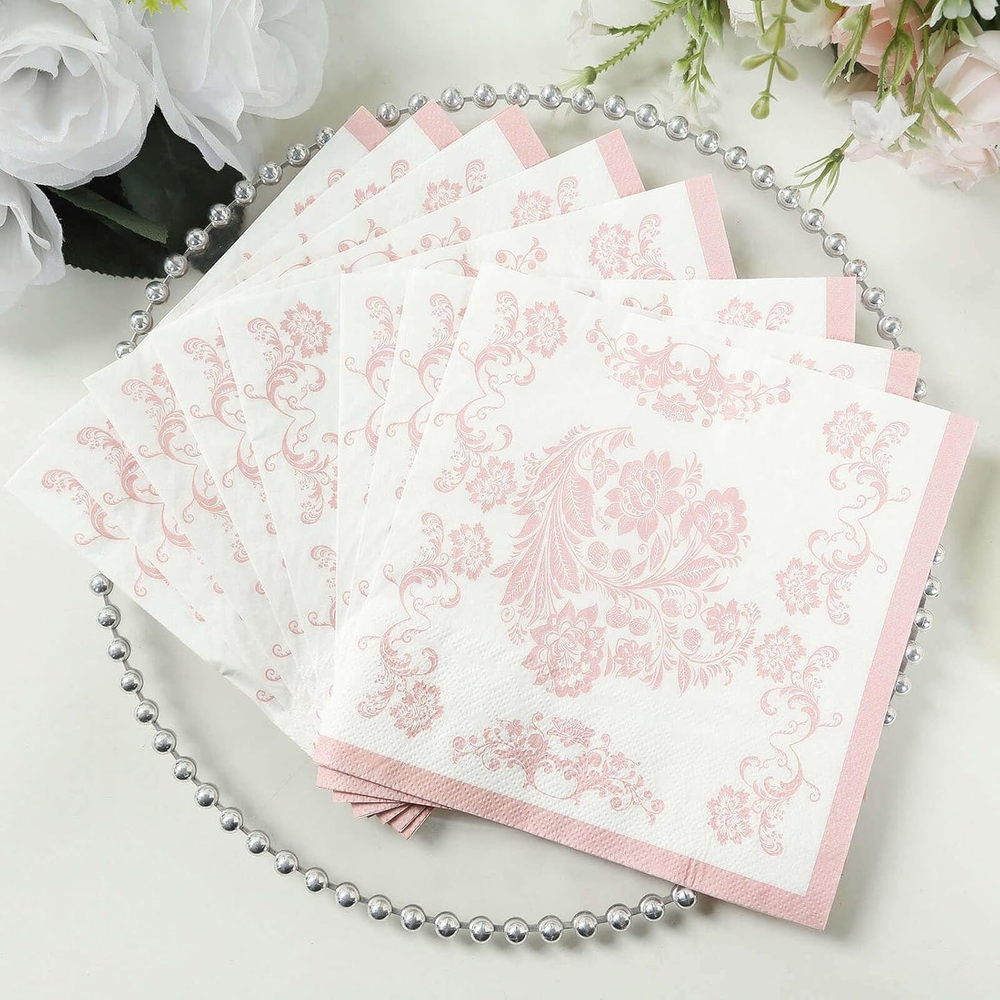 100 Count Beverage Napkins, 2-Ply Cocktail Napkins with Pink French Toile Floral Decorative for Wedding Party Restaurant, 18 GSM Soft Paper Disposable
