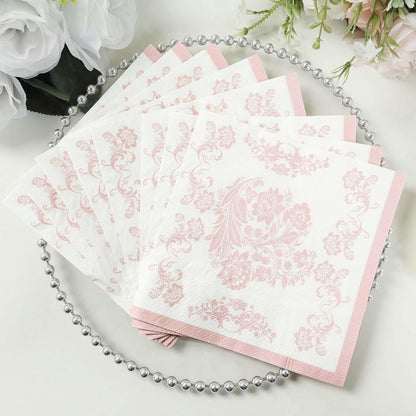100 Count Beverage Napkins, 2-Ply Cocktail Napkins with Pink French Toile Floral Decorative for Wedding Party Restaurant, 18 GSM Soft Paper Disposable