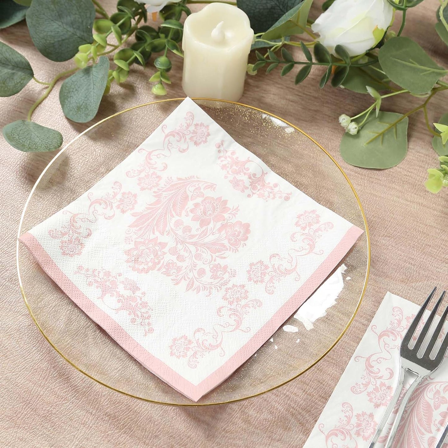 100 Count Beverage Napkins, 2-Ply Cocktail Napkins with Pink French Toile Floral Decorative for Wedding Party Restaurant, 18 GSM Soft Paper Disposable