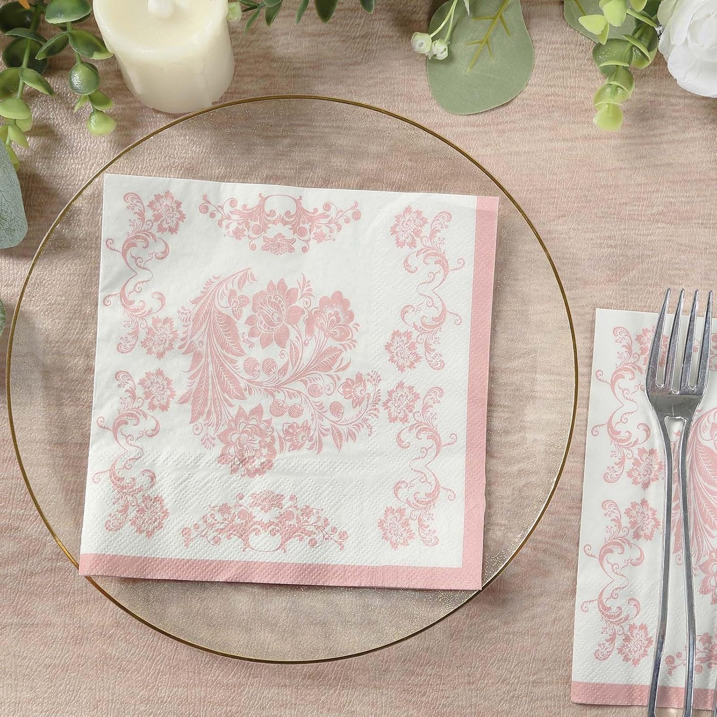 100 Count Beverage Napkins, 2-Ply Cocktail Napkins with Pink French Toile Floral Decorative for Wedding Party Restaurant, 18 GSM Soft Paper Disposable