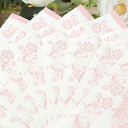 100 Count Beverage Napkins, 2-Ply Cocktail Napkins with Pink French Toile Floral Decorative for Wedding Party Restaurant, 18 GSM Soft Paper Disposable