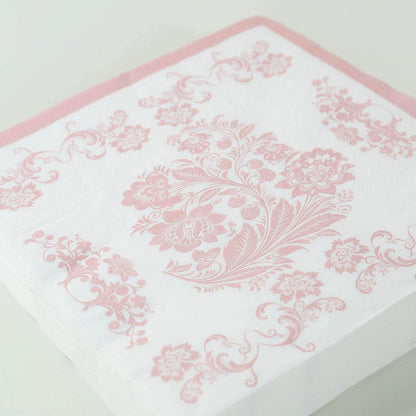 100 Count Beverage Napkins, 2-Ply Cocktail Napkins with Pink French Toile Floral Decorative for Wedding Party Restaurant, 18 GSM Soft Paper Disposable
