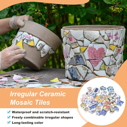 Irregular Ceramic Mosaic Tiles, 300g/0.7lb Broken Porcelain Mosaic Tiles Bulk Irregular Glazed for DIY Art Craft Making Home Decor, Yellow/Pink