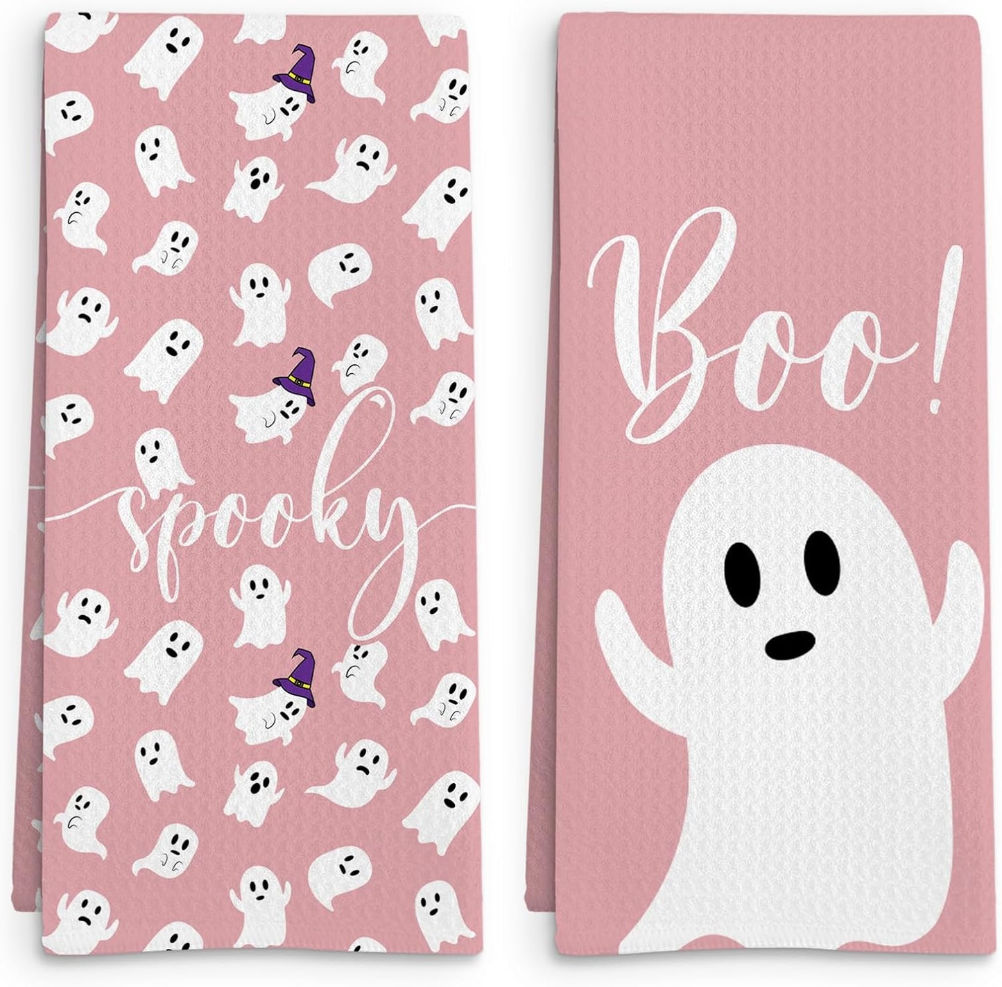 Pink Halloween Ghost Kitchen Towel Set of 2, Spooky Ghost Hand Towel