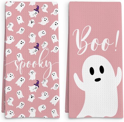 Pink Halloween Ghost Kitchen Towel Set of 2, Spooky Ghost Hand Towel
