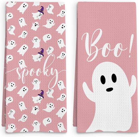 Pink Halloween Ghost Kitchen Towel Set of 2, Spooky Ghost Hand Towel