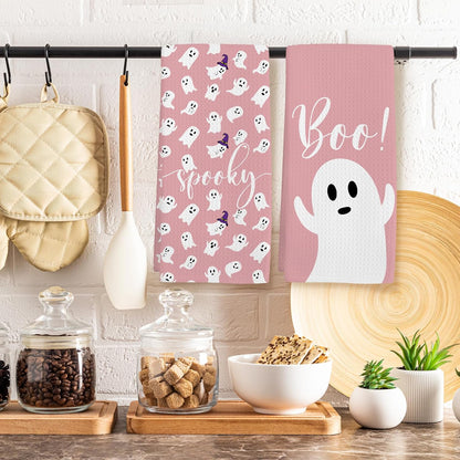 Pink Halloween Ghost Kitchen Towel Set of 2, Spooky Ghost Hand Towel