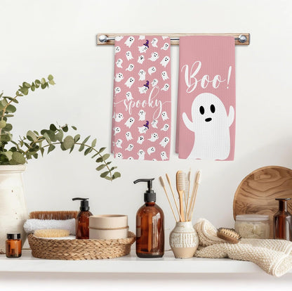 Pink Halloween Ghost Kitchen Towel Set of 2, Spooky Ghost Hand Towel