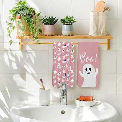 Pink Halloween Ghost Kitchen Towel Set of 2, Spooky Ghost Hand Towel
