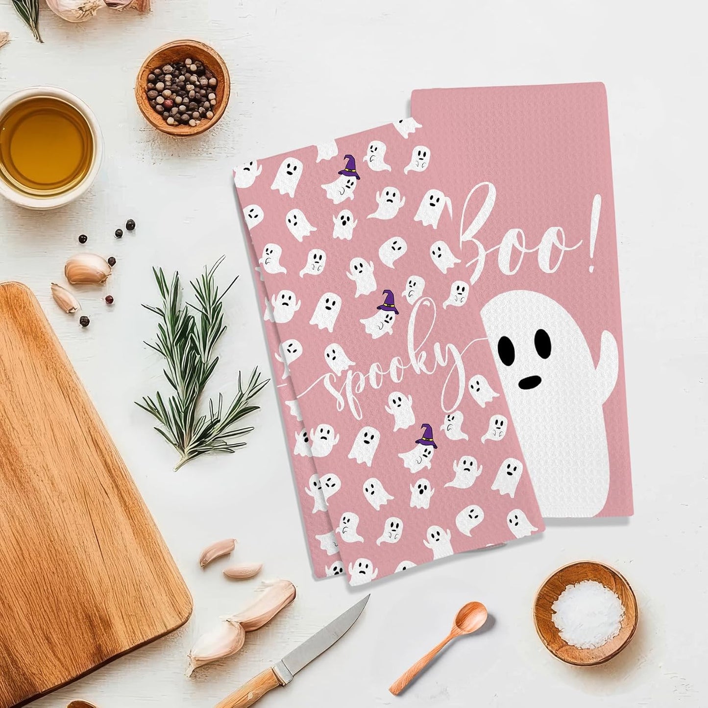 Pink Halloween Ghost Kitchen Towel Set of 2, Spooky Ghost Hand Towel