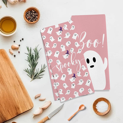 Pink Halloween Ghost Kitchen Towel Set of 2, Spooky Ghost Hand Towel