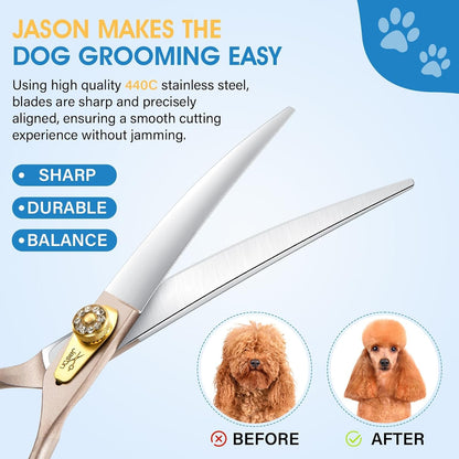 JASON Professional Dog Grooming Scissors - 7 Inch Curved Shear Japanese 440C Stainless Steel Dog Scissors with Diamond Screw, Rosegold, Sharp